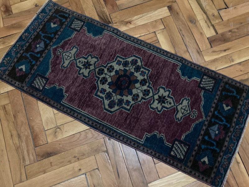 Anatolian Handmade Turkish Boho Rug 1.4x3.2 ft Vintage Purple Blue Tribal Carpet gallery