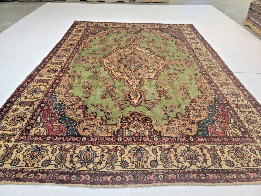 Antique Oriental Hand-Knotted Wool Area Rug Green/Beige/Red 9'6" x12'10"