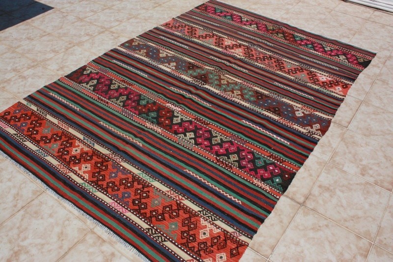 KILIM RUG 5x8, TURKISH KILIM AREA RUG WOOL 64" x 94", KELIM CARPET RUG STRIPES gallery