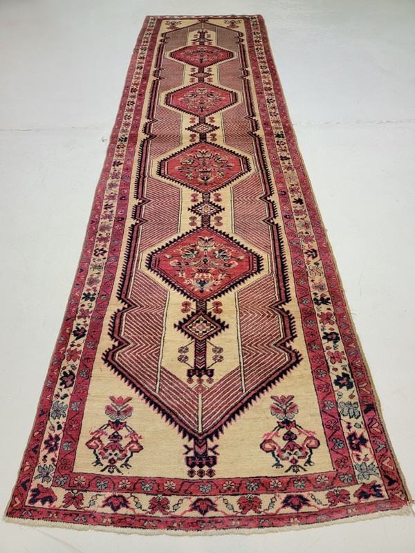 Antique Oriental Hand-Knotted Wool Runner Red/Ivory/Blue 3'6" x 12'11" gallery