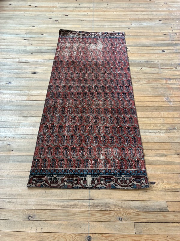 Moody Boho Boteh Runner 3x6 Vintage Turkish Rust Red Navy Blue Wool Rug gallery