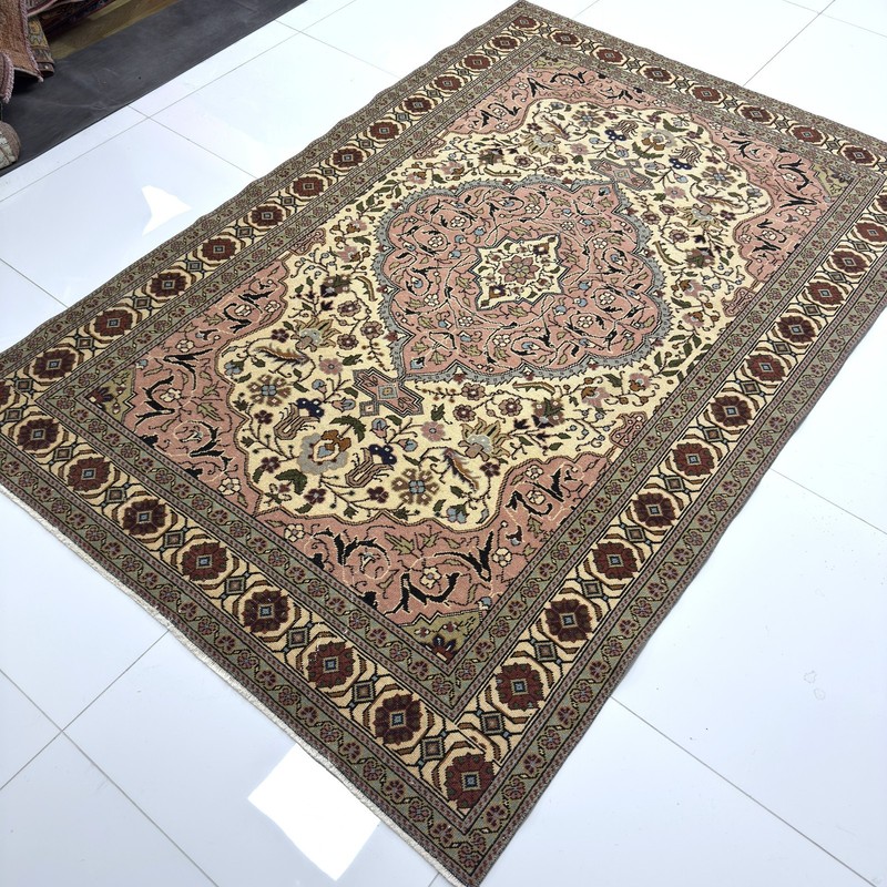 4x7 Blush Pink Ivory Antique Wool Oriental Rug With Floral Medallion-Tariff Fre gallery