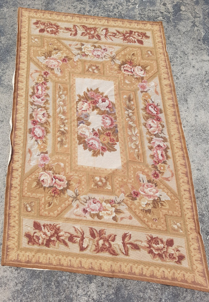 Vintage Handmade French Floral Needlepoint Rug Wool Carpet 140x84 cm