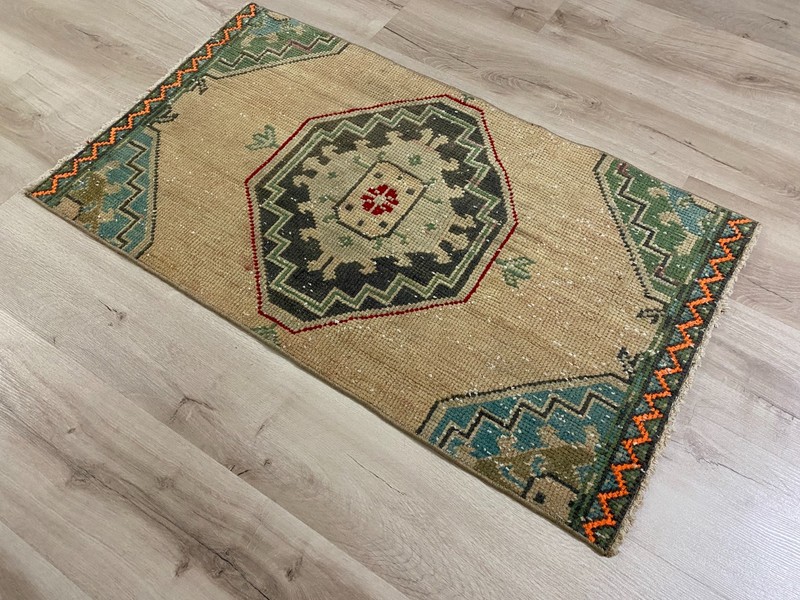 Vintage Turkish Handmade Wool Tribal Runner Rug Beige Anatolian Carpet 1.9x3.3ft gallery
