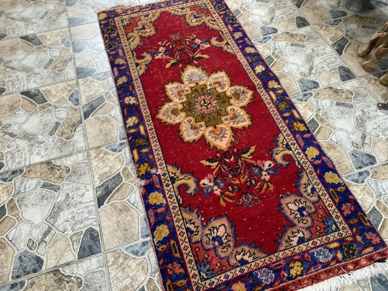 1970s Vintage Turkish Runner Rug 3x6 ft Red Hand-Knotted Wool Hallway Boho gallery