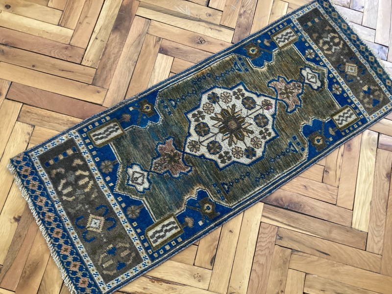 Entryway Wool Rug 1.4 x 3.6 ft Vintage Turkish Blue Brown Handwoven Carpet gallery