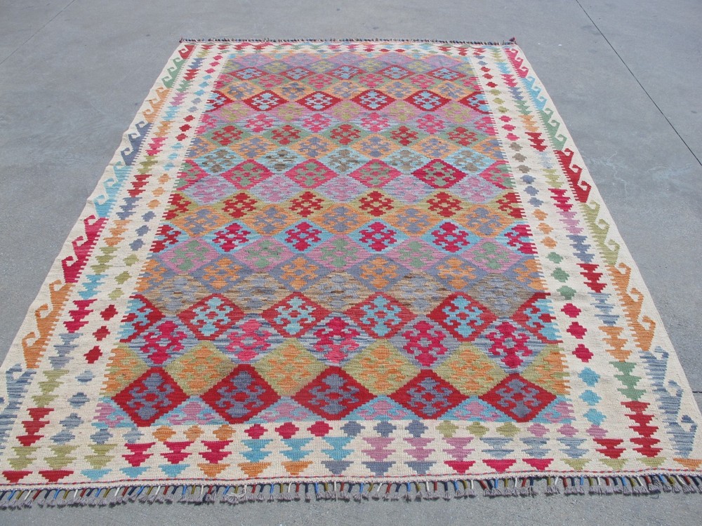 7x9 Afghan Kilim Rug Pink Handwoven Wool Maimana Rug Colorful Boho Area Carpet
