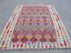 7×9 Afghan Kilim Rug Pink Handwoven Wool Maimana Rug Colorful Boho Area Carpet