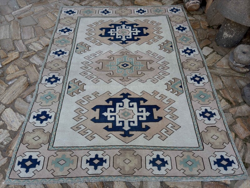 Hand-Knotted Bedroom Vintage Carpet 6x8 Blue Medium Wool and Wool Anatolian Rug gallery