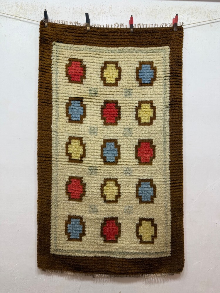 Vintage Mid Century Swedish Scandinavian Rya Shag Wool Rug WallHanging 120x71 Cm