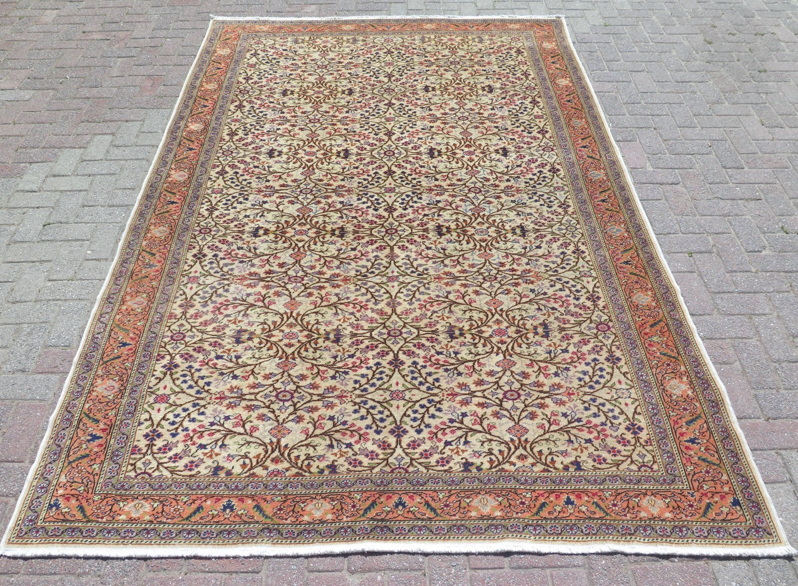 Vintage Turkish Handmade Wool Carpet, Large Floor Rug, Floral Beige Rug 78"x117” gallery