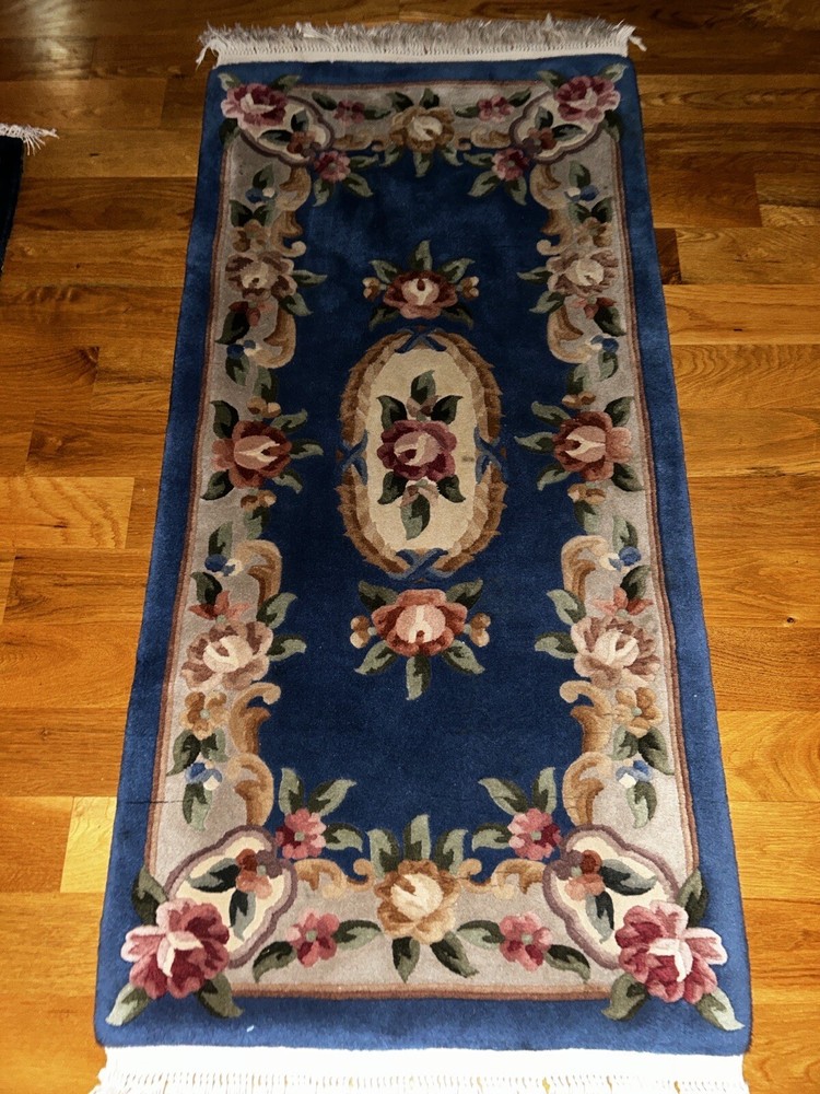 27”x55” Blue Color Area Rug Handmade Rug Bedroom Rug Wool Rug