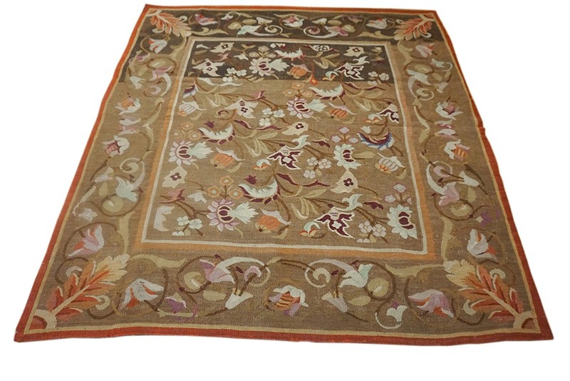 5'x5' Antique Square Brown Earth Tone Floral French Aubusson Flat Woven Rug gallery