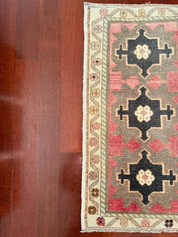 Triple Medallion 2x3 Pink Charcoal Wool Hand Knotted Vintage Turkish Rug Mat gallery