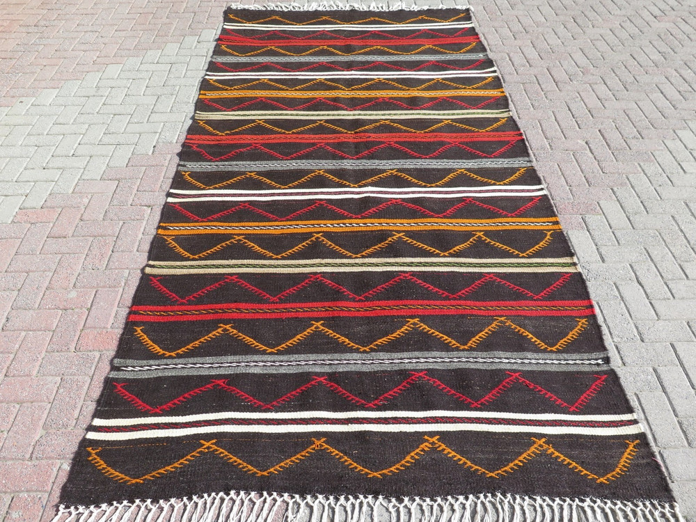 Area Rug Wool Rugs Vintage Turkish Kilim Floor Rug Dark Brown Large Rug 68"x142"