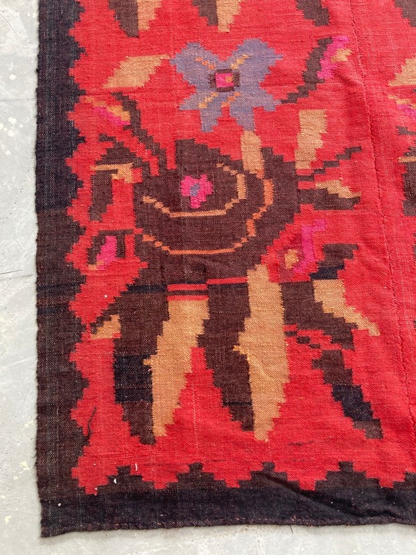Vintage Handmade Turkish Floral Folk Art Traditional Wool Kilim Rug 317x113 cm gallery