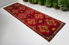 Hand-Knotted Turkish Rug 4×13 ft Vintage Tribal Motif Large runner rug Wool RARE