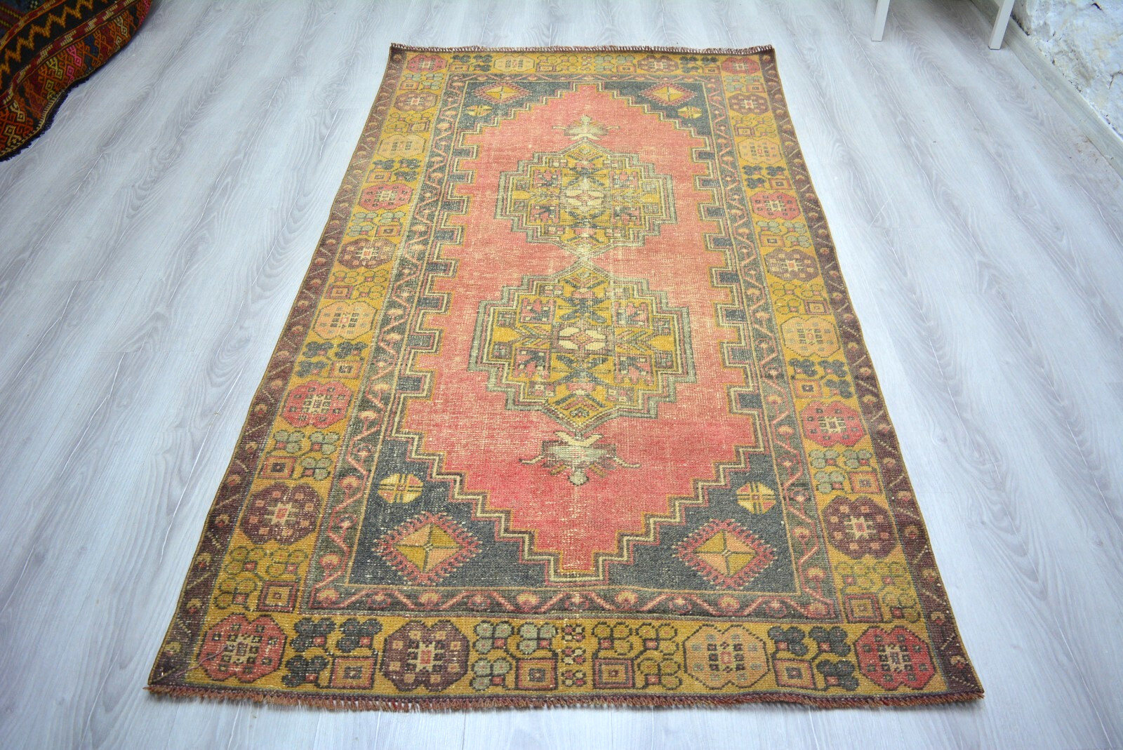 Red Faded Turkish Vintage Carpet, 3.7x6.5ft, Red Antique Geometric Handmade Rug, gallery