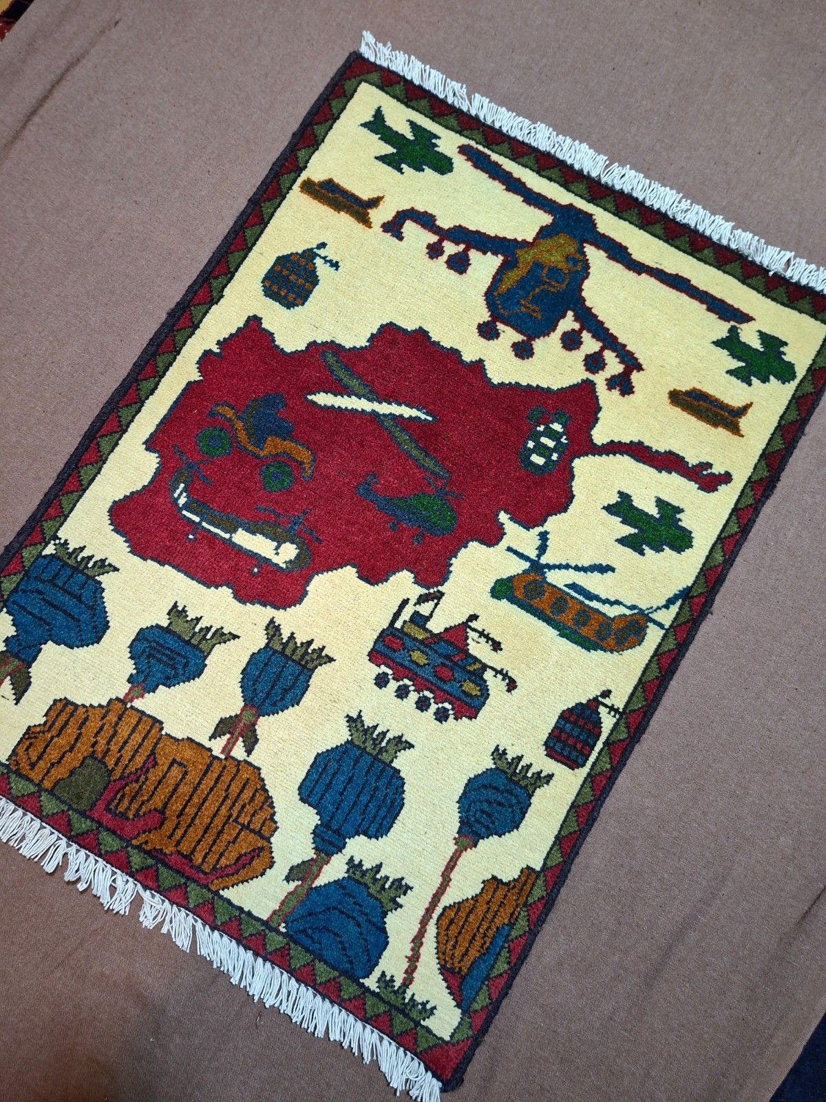 M06 Vintage Afghan War Rug 9/11 Handmade Wool Pictorial Tribal Rug 82x61 Cm gallery