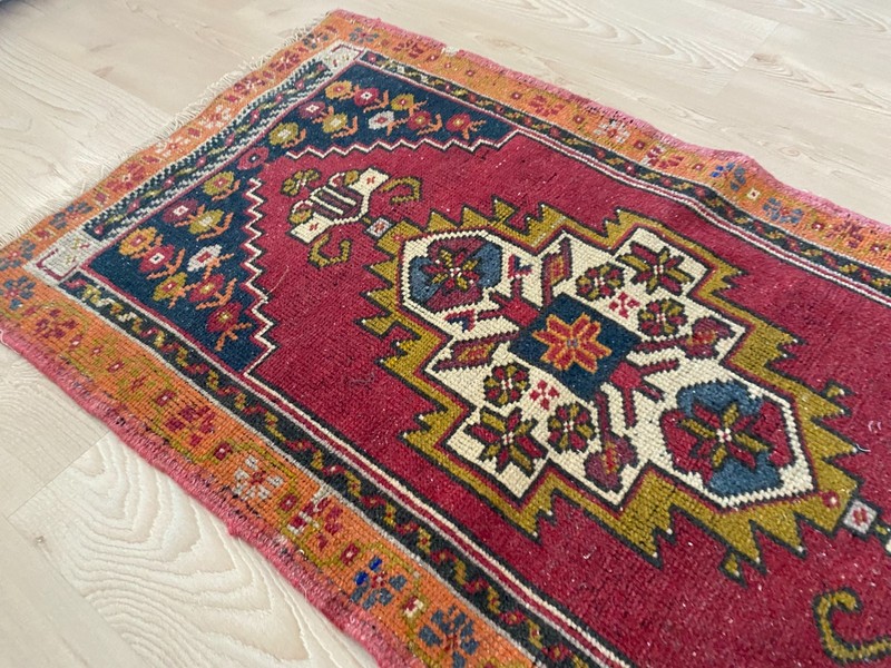 Bold Red Vintage Turkish Small Rug 1.9x3.6 ft Geometric Medallion Anatolian gallery