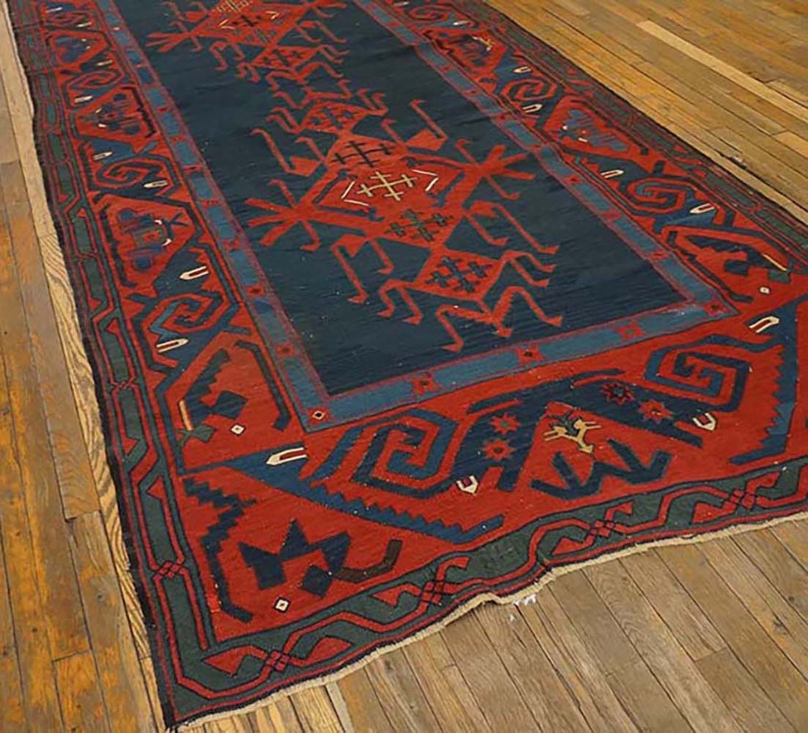 4'x17' Antique Caucasian Kilim Knotted Hallway Runner Rug gallery