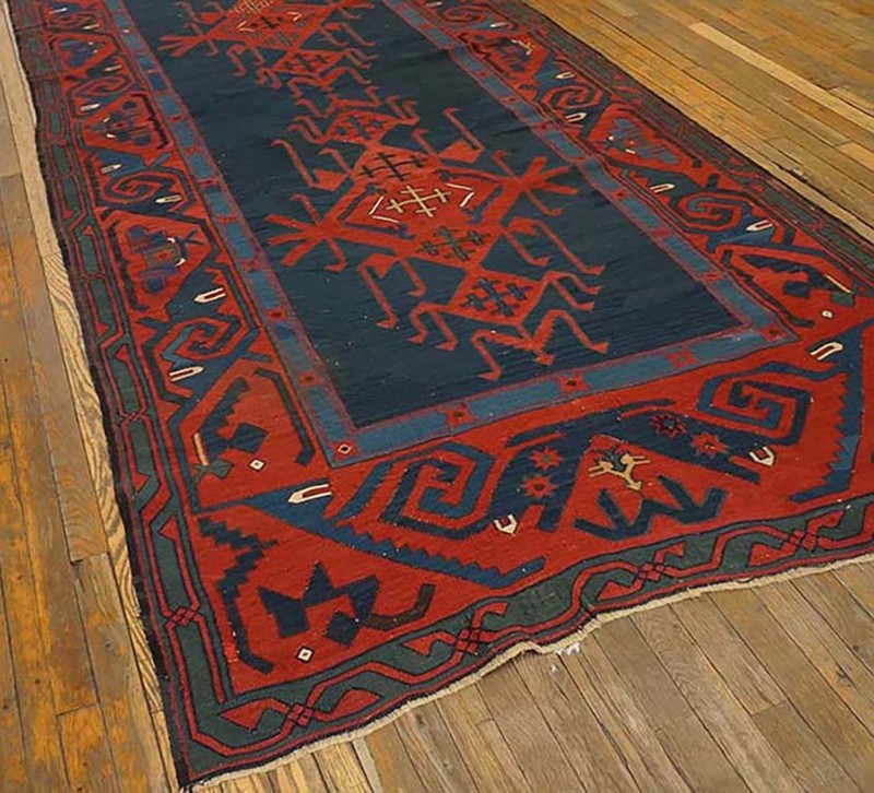 4'x17' Antique Caucasian Kilim Knotted Hallway Runner Rug gallery