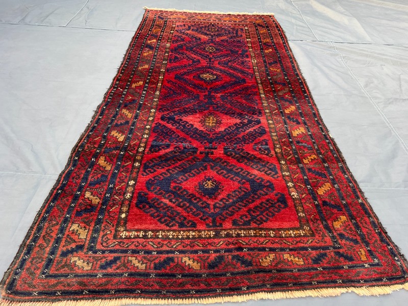 3'6x7'5 ft Antique Afghan Baluchi Hand Knotted Wool Red Diamond Medallion Runner gallery