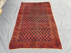 Red Blue Distressed Low Pile Rug 5×8 ft Hand Knotted Caucasian Vintage Carpet