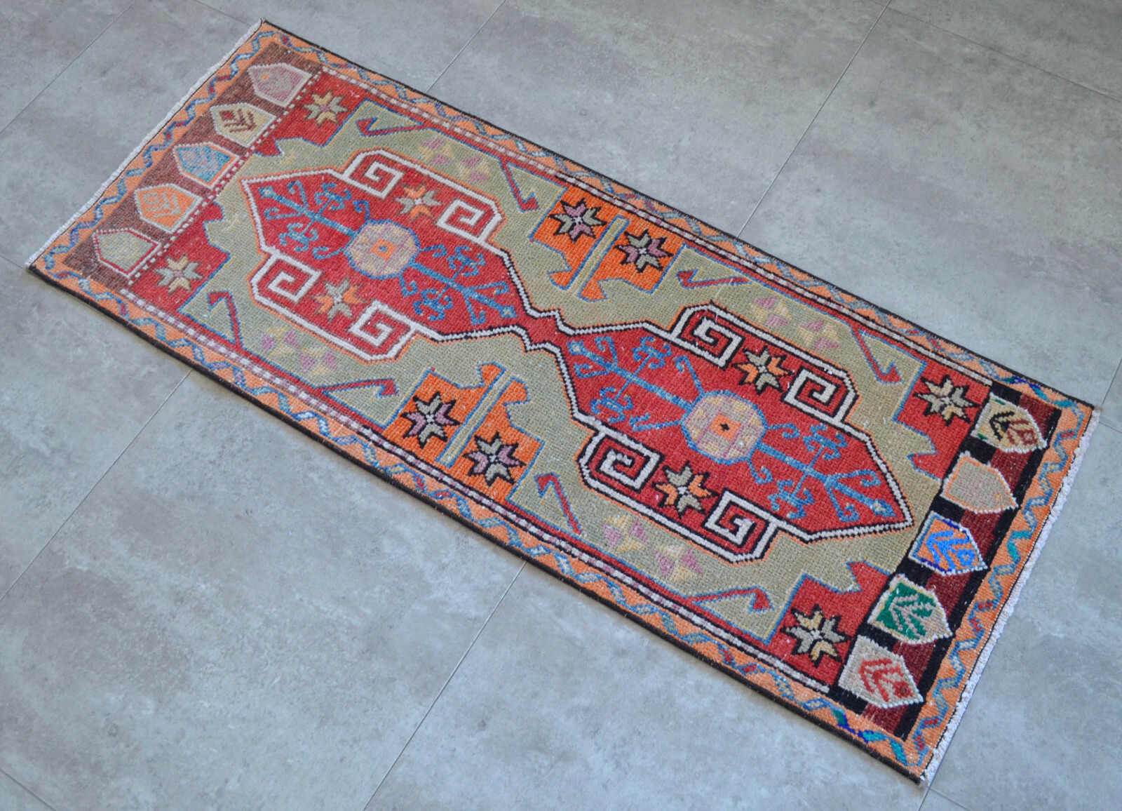 Vintage Distressed Small Area Rug Hand Knotted Oushak Rug Yastik 1′8″ x 4′2″ gallery