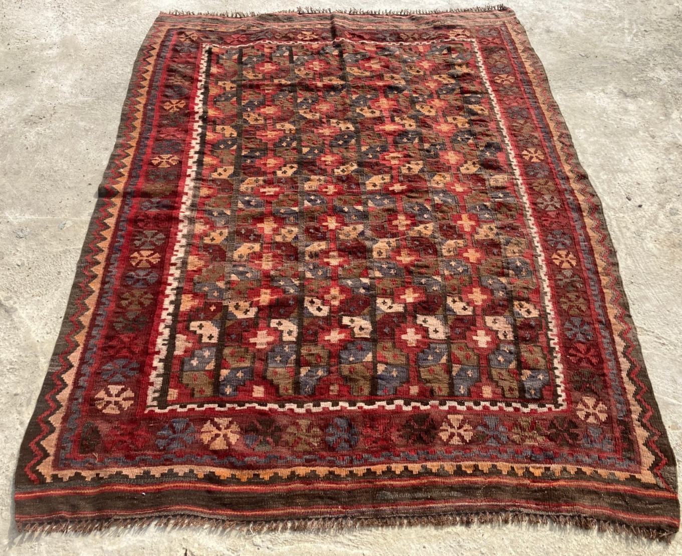 Vintage Handmade Turkish Anatolian Boho Style Wool Kilim Rug 192x141 cm gallery