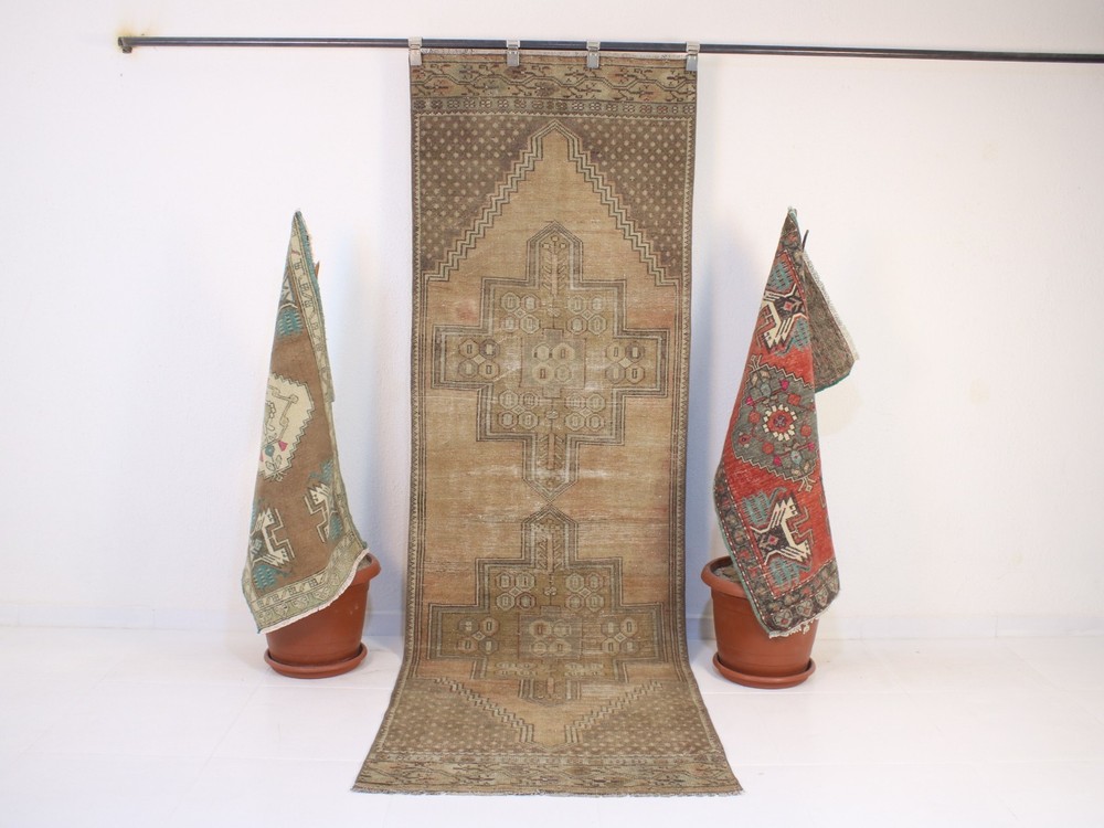 3x9 Beige Brown Runner Rug, Handmade Rug, Vintage Tribal Hallway Rug, 2.8x8.6 ft