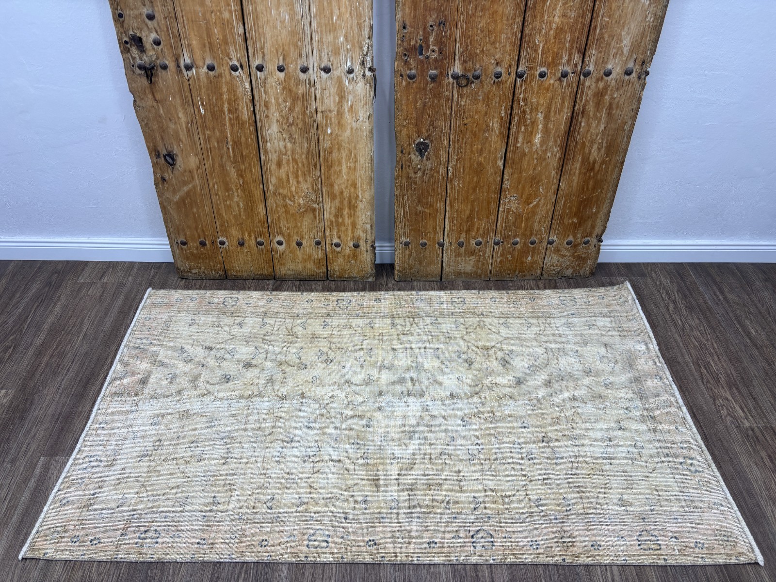 4x7 Hand-Knotted Wool Cream Pink Blue Neutral Living Room Vintage Turkish Rug gallery