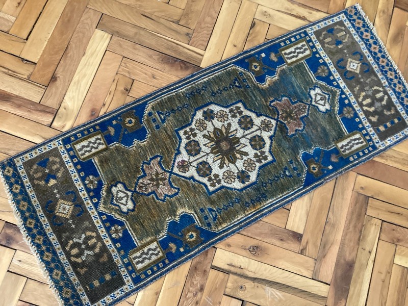Entryway Wool Rug 1.4 x 3.6 ft Vintage Turkish Blue Brown Handwoven Carpet gallery