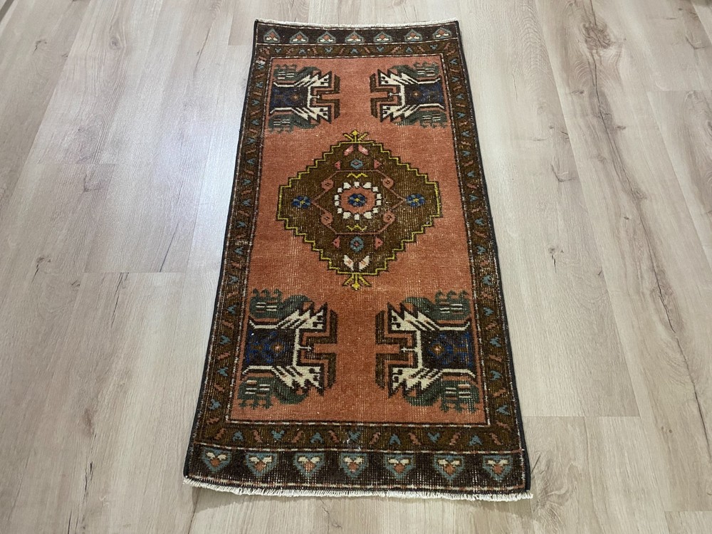 Vintage Handwoven Turkish Rug 1.7x3.5 Ft Wool Village Folk Art Accent Carpet
