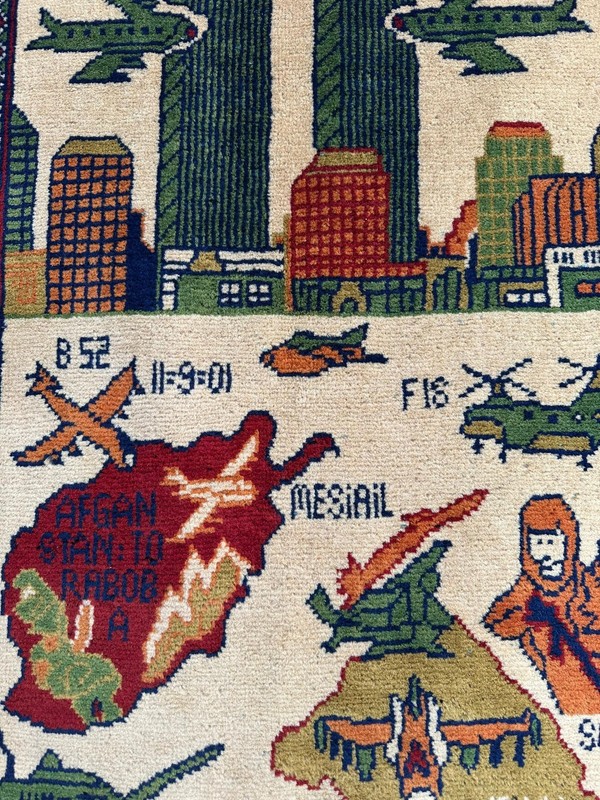 Afghan Handmade Wool Rug 9/11 War Rug Knotted Pictorial Hanging Wall Rug gallery