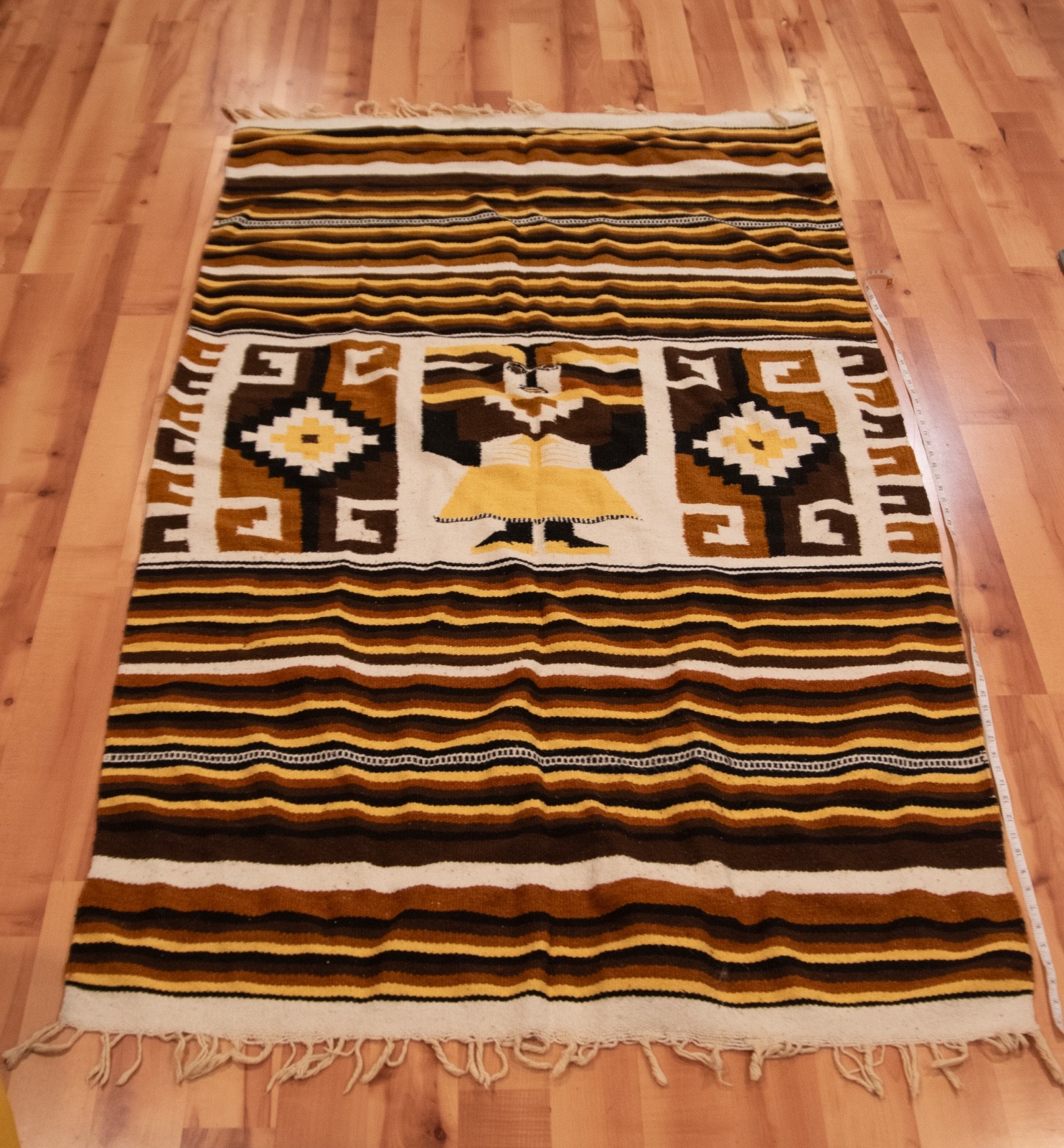 Vintage Mexican Aztec Figure Blanket Wool, handmade, earth tone colors, 44 x79 gallery