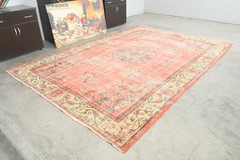 7×10 Turkish Antique Large Wool Rug Hand-Knotted Neutral Vintage Oushak Rug,168