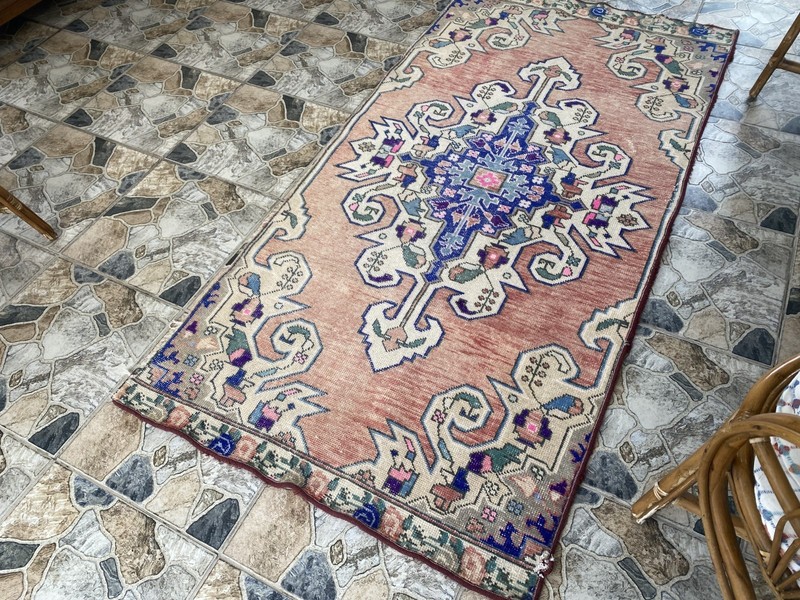 3x7 ft Vintage Turkish Area Rug Red Blue Oriental Anatolian Medallion Floral Rug gallery