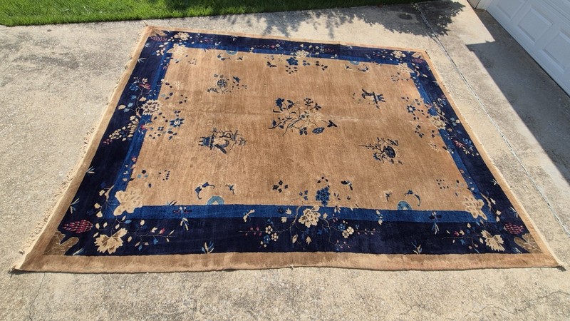 1920s Nichols Style Chinese Art Deco Wool Rug Blue & Tan Floral 9x12 gallery