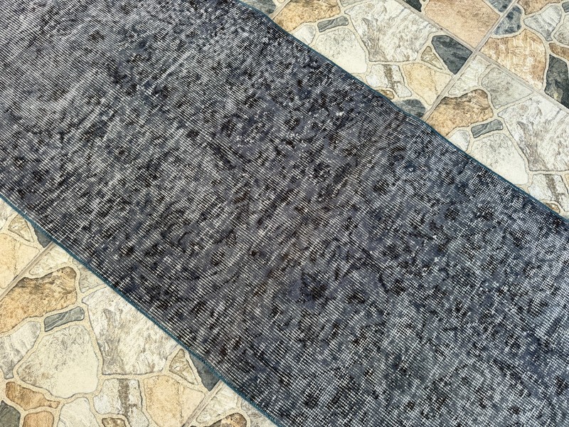 1970s Vintage Turkish Overdyed Runner Rug 2.3x9.8 ft Charcoal Gray Hand-Knotted gallery