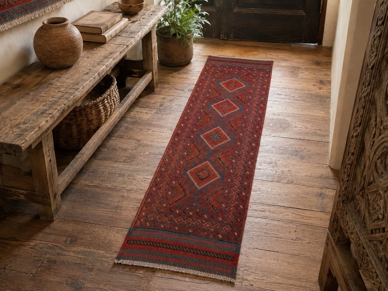 Vintage Afghan Baluchi Wool Runner Rug Hand Knotted Medallion Red Blue 2x8 Feet gallery