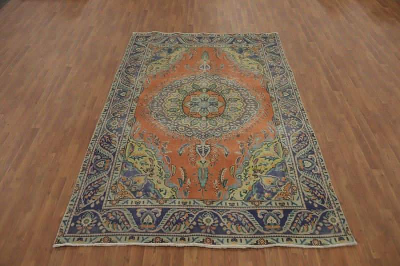 Over-Dyed Orange Wool Traditional Vintage Rug Hand-made Room Size Carpet 6x9 gallery