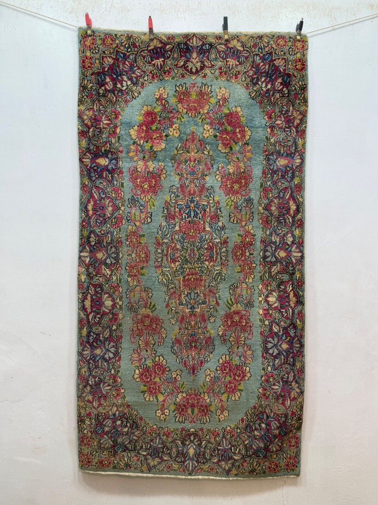 Vintage Beautiful Hand Knotted Distressed Low Pile Oriental Kerrmann Wool Rug