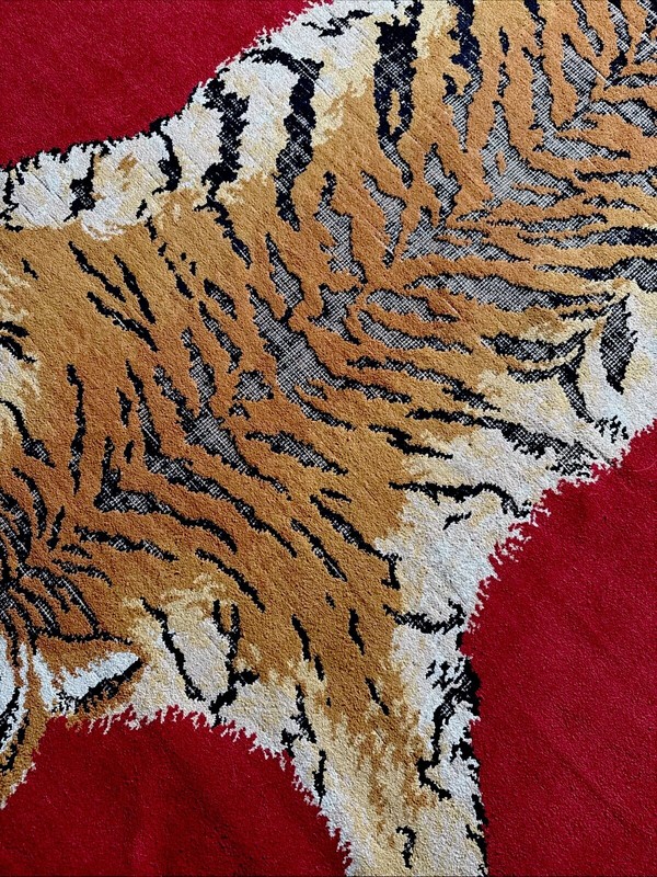 Mid-Century Belgian Moroccan Style Faux Taxidermy Bengal Tiger Red Area Rug VTG gallery