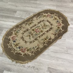 LARGE Antique FLORAL HOOKED OVAL WOOL RUG On Canvas 54” X 29”