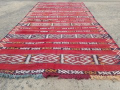 Vintage Traditional Handmade Moroccan Wool Maroon Kilim 7×3.6ft