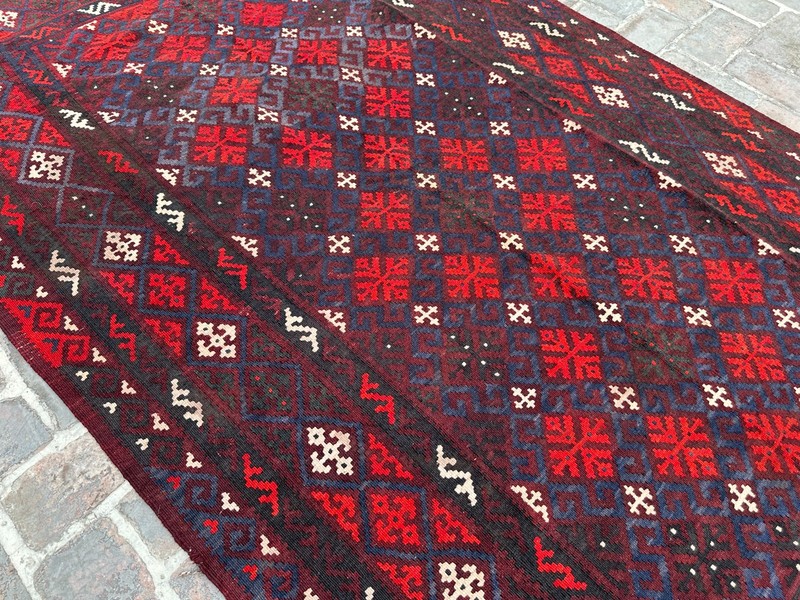 Red Afghan Kilim Rug 5'1x9'6 Handwoven Wool Tribal Geometric Flatweave Vintage gallery