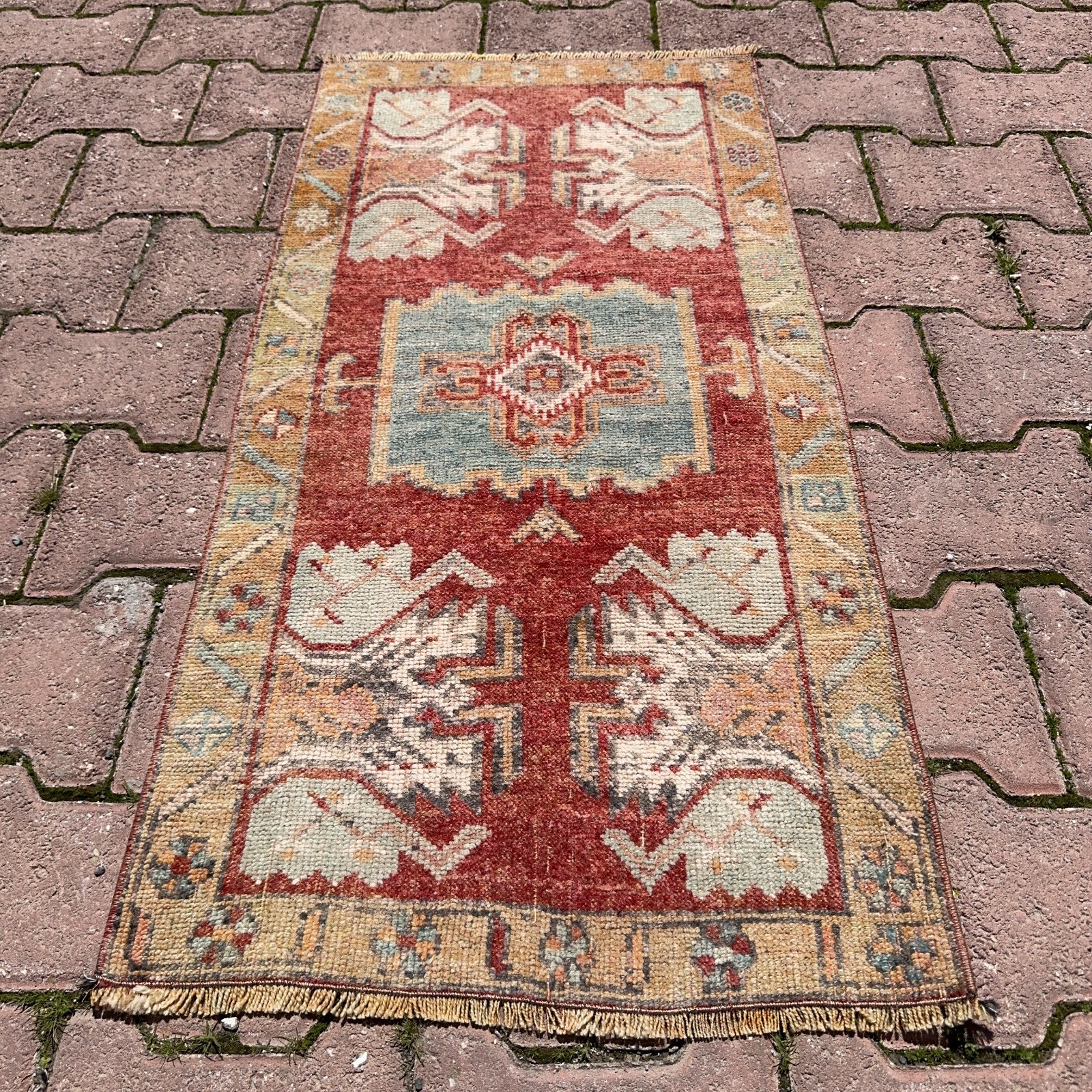2x3 ft Terracotta Sage Wool Vintage Turkish Oushak Geometric Rug - Tariff Free gallery