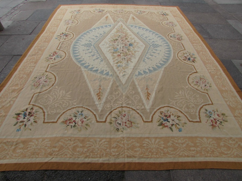 Vintage Hand Made French Design Wool Beige Large Original Aubusson 363X270cm