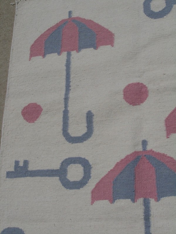Vint Hand Woven Rug Kilim Flat weave Wool 3x5 LN Keys Pink Blue balls Umbrellas gallery